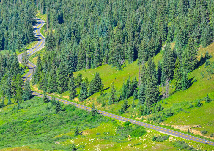 Independence Pass road winding through the Colorado mountain side.